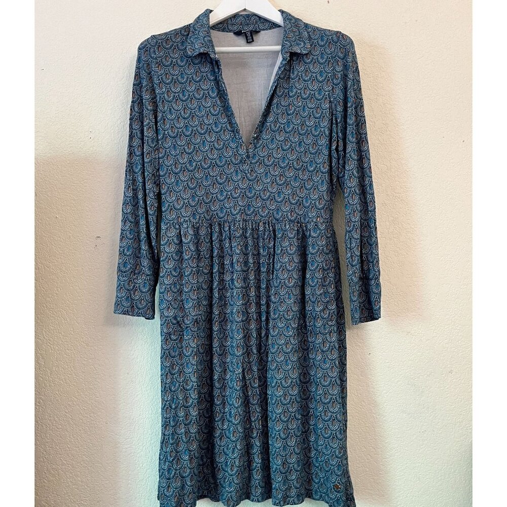 Hatley Womens Blue Printed Long Sleeve Collared Shift Dress Large Stretch Boho